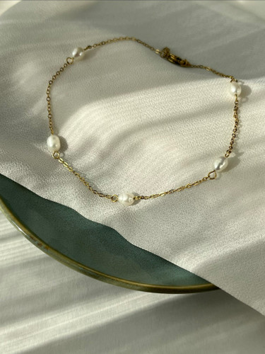 پابند زنجیری مروارید پرورشی ظریف استیل آبکاری طلا