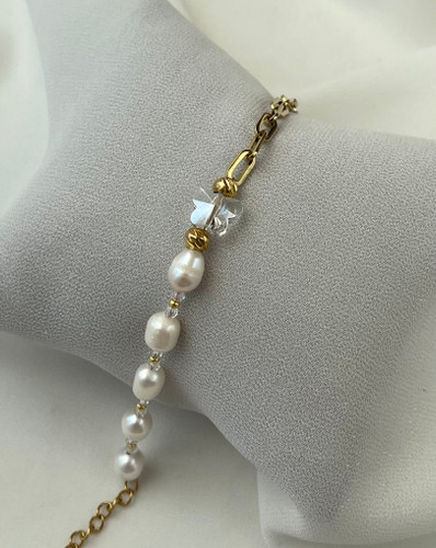 دستبند استیل زنانه زنجیری-مرواریدی همراه با کریستال سواروسکی